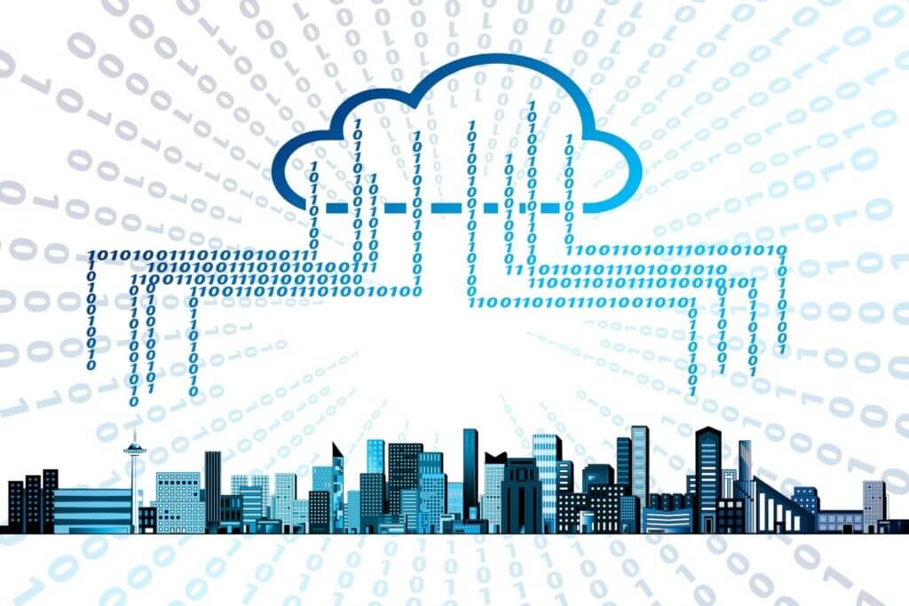Graphic showing data streams between cloud and city